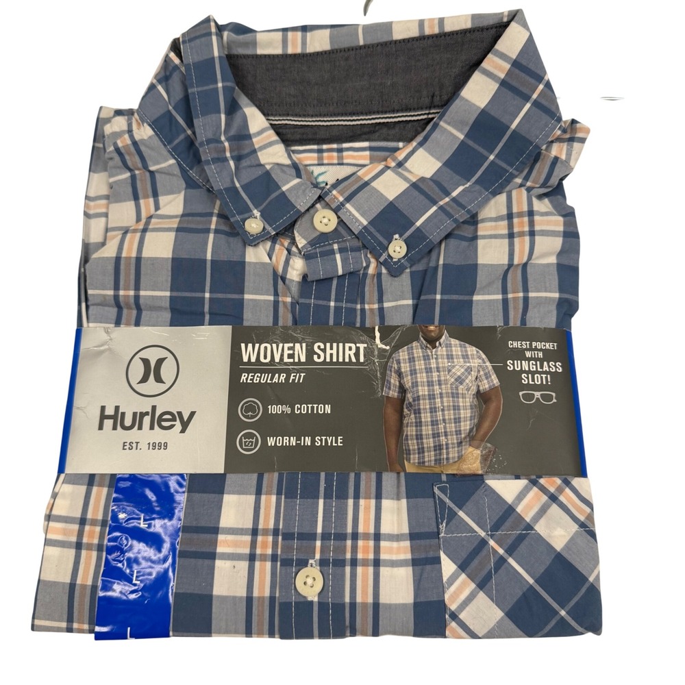 Hurley Mens Short Sleeve Plaid Woven Shirt Blue White Orange Large NWT 1566310